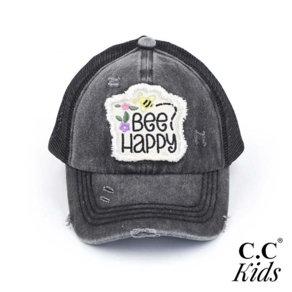 C.C Distressed Embroidered Bee Happy Patch Pony Cap For Kids Black